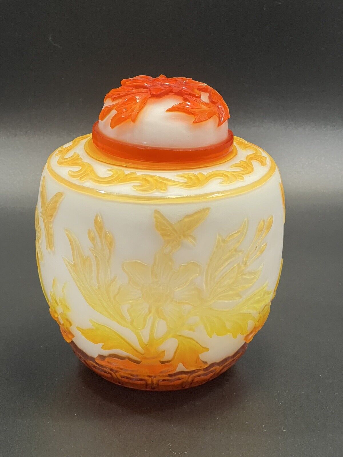 Vintage Chinese Peking Cameo Glass Ginger Jar Butterfly Blossom Floral 7\