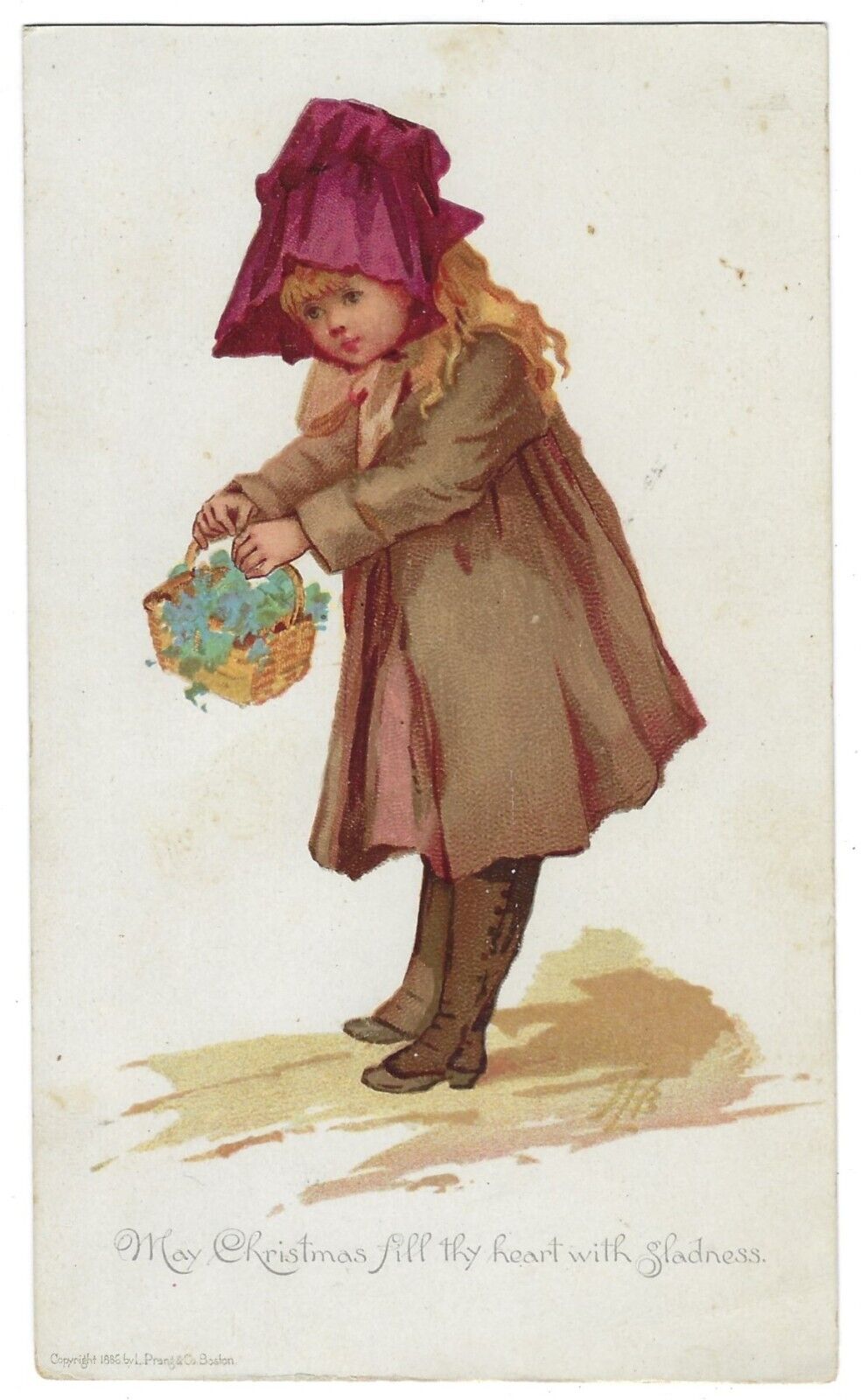 Antique Victorian Louis Prang's Christmas Card - 1886- Girl w Basket of Flowers