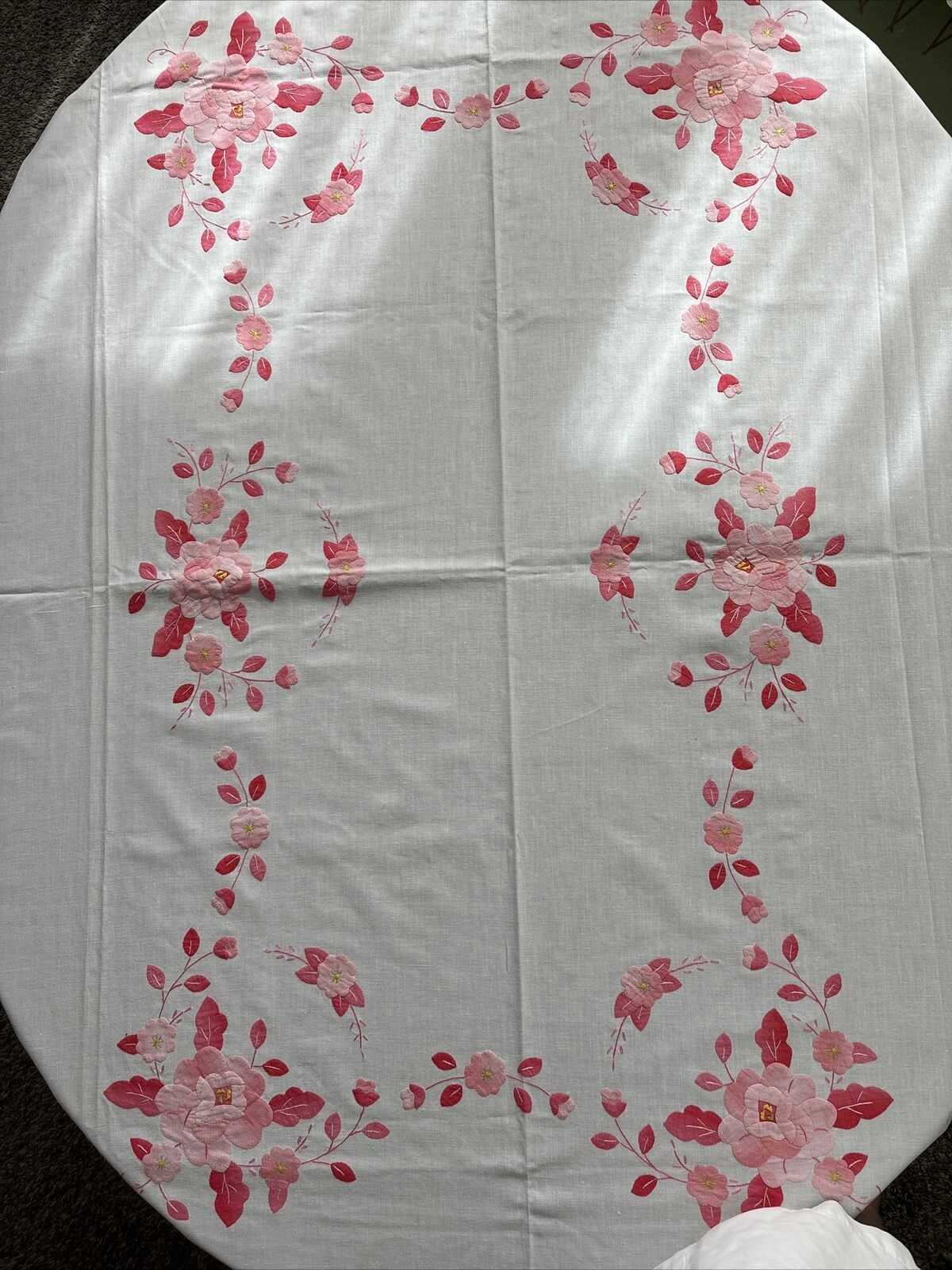 Vintage Hand Embroidered Applique Large Tablecloth Pink Flowers Cottage 50 X 68