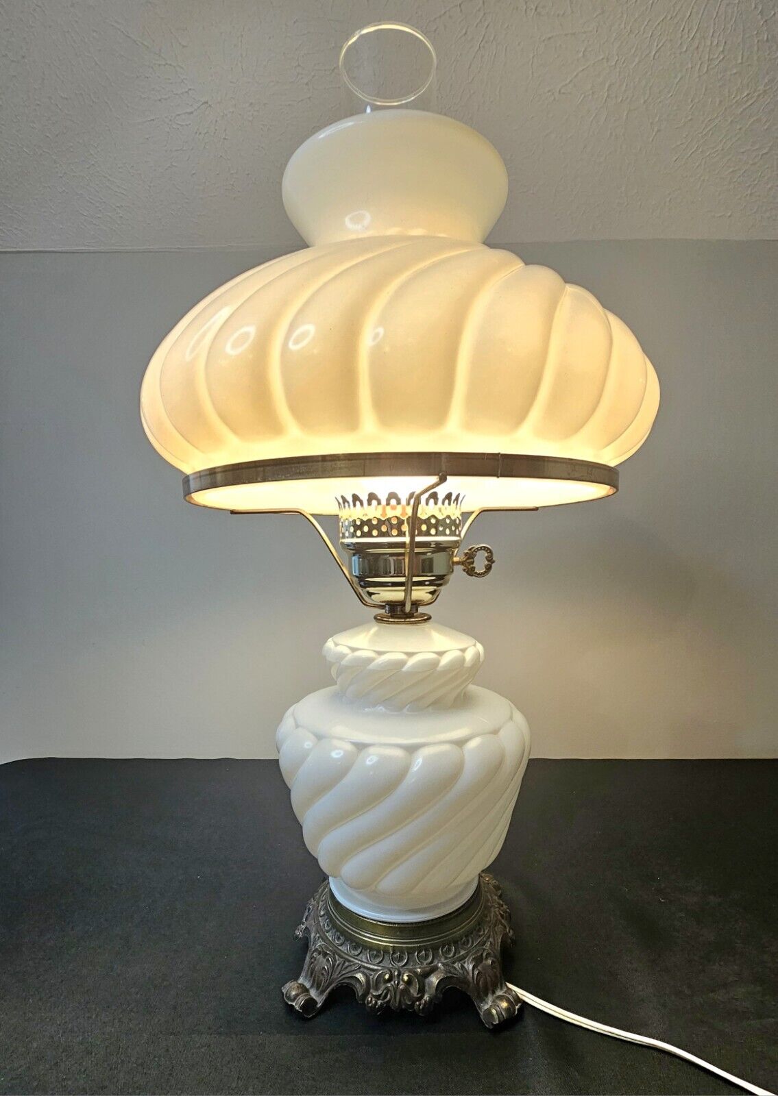 Fabulous Mid-Century 1960s Deep Swirl White MILK GLASS HURRICANE Lamp