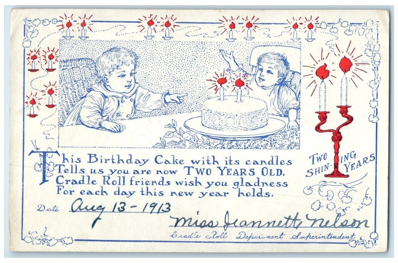 1913 Birthday Caje With Tow Candle washburn North Dakota ND Antique Postcard
