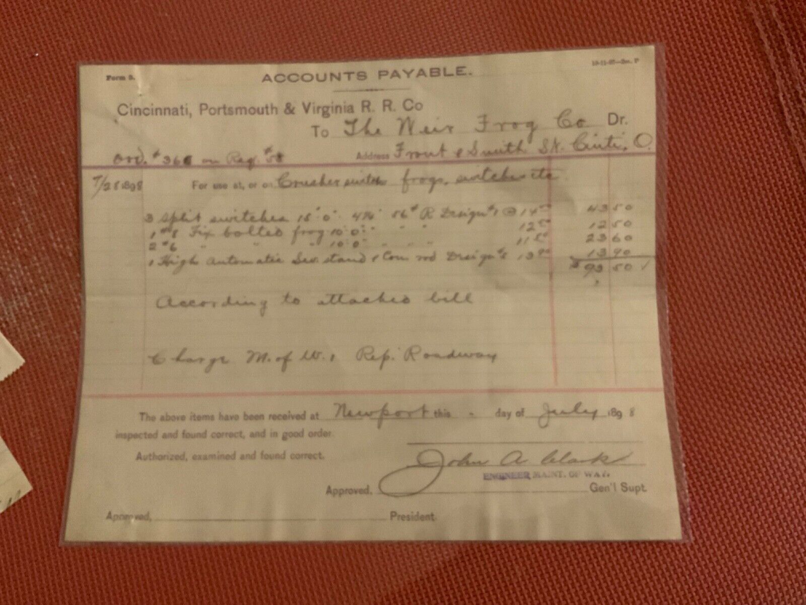 Cincinnati Portsmouth and Virginia Railroad 1898 Accounts Payable Document