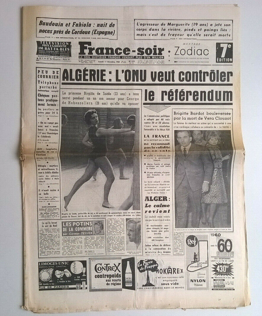 FRANCE-EVENING of 17/12/1960 - Baudouin and Fabiola / Algeria / Vera Clouzot