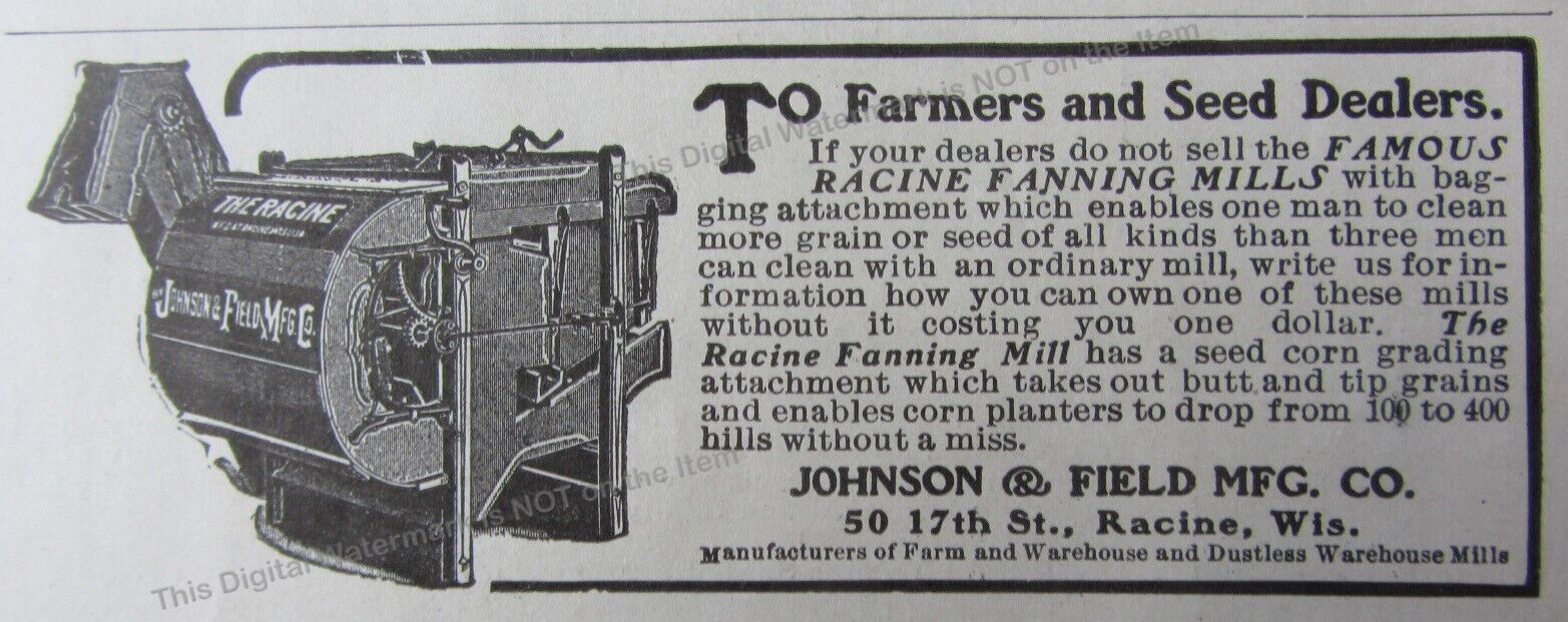 1919 Ad Racine Fanning Mill Johnson & Field Mfg Co Racine WI Farming Grain Seeds