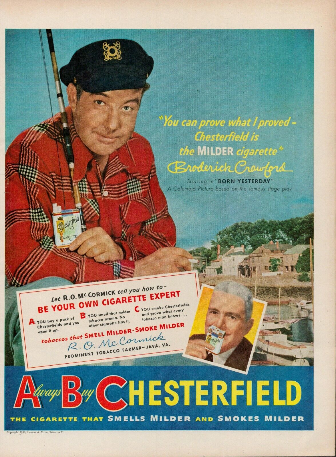 1950 Tobacco Cigarettes Chesterfield Vintage Print Ad 50s Broderick Crawford Hat
