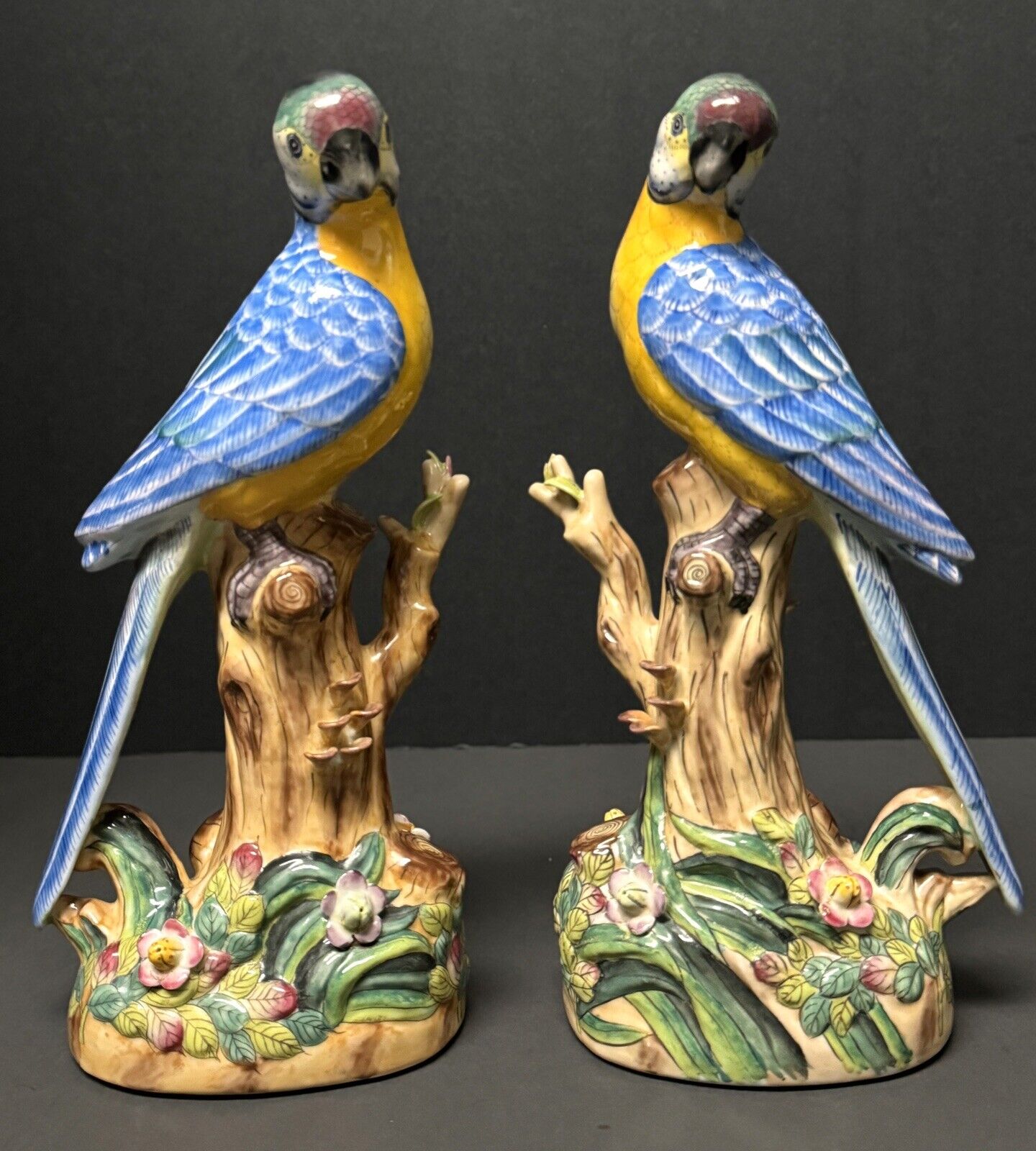 Pair of Andrea by Sadek Parrots Ceramic Bird Figures 11.5” Tall