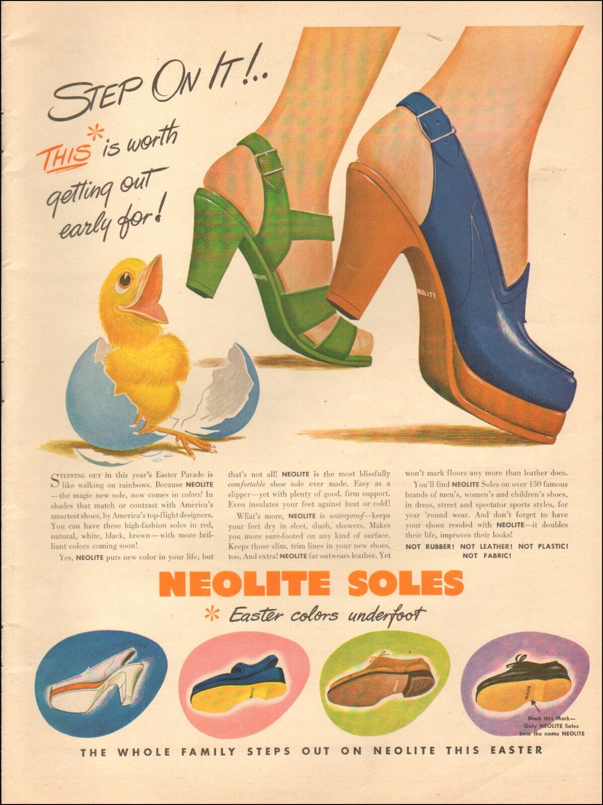 1946 Vintage ad for Neolite Soles retro Art Egg Shell baby chick green  07/05/22