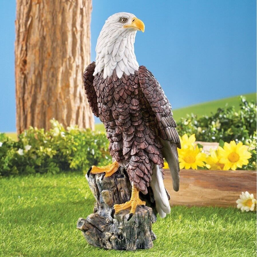 American Bald Eagle Statue Perched on Stump Figurine Yard Lawn Ornament Decor