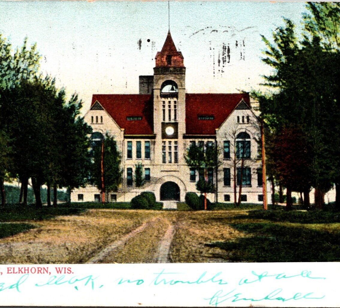 School House Elkhorn Wisconsin Pre-1908 Vintage Postcard 9163