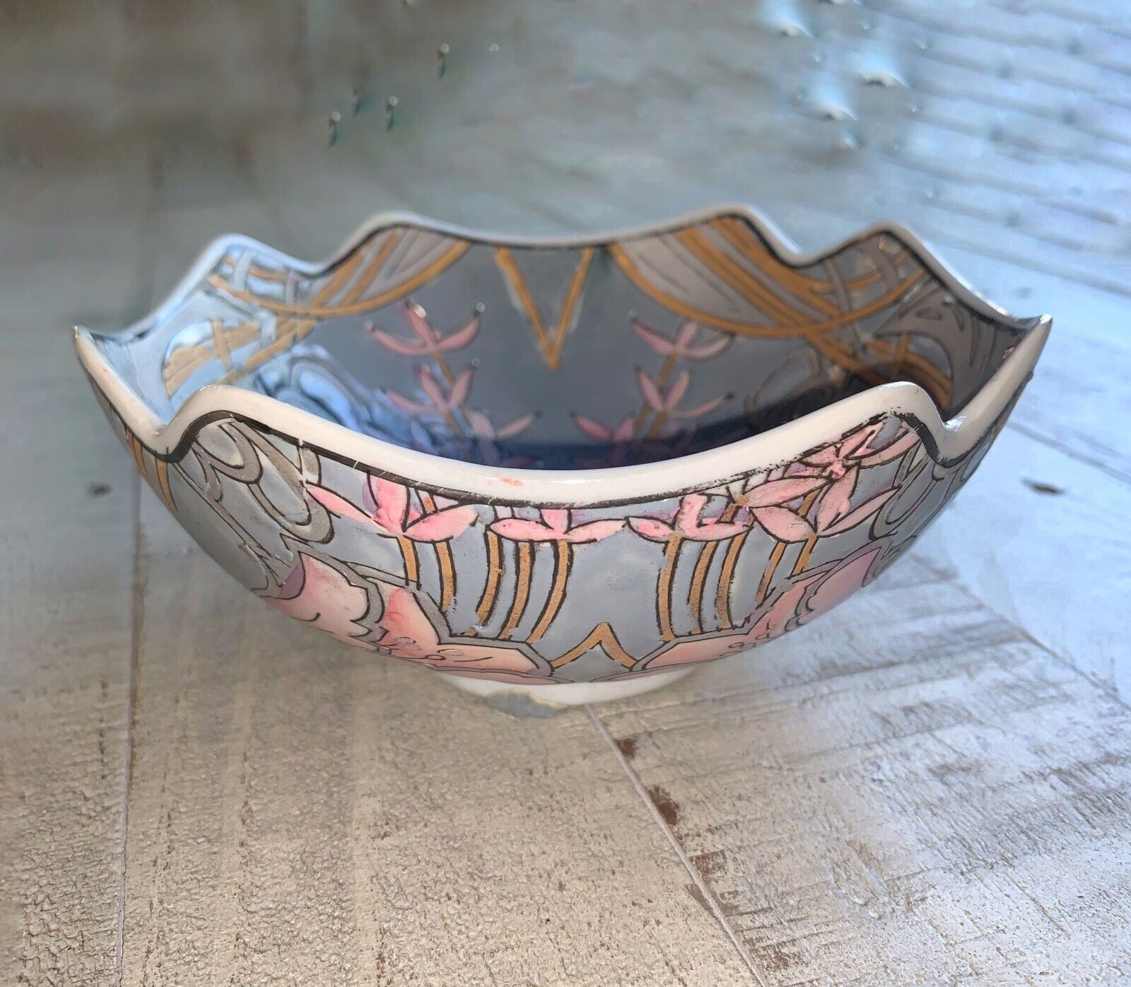 VTG Macau Chinese Porcelain Bowl Painted Scalloped Square Decorative Candy 6”