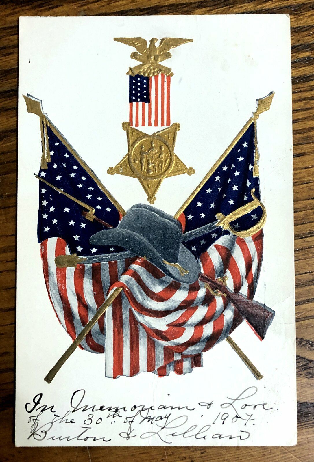 1907 American Patriotic Embossed Postcard Flag Star Rifle Sword 