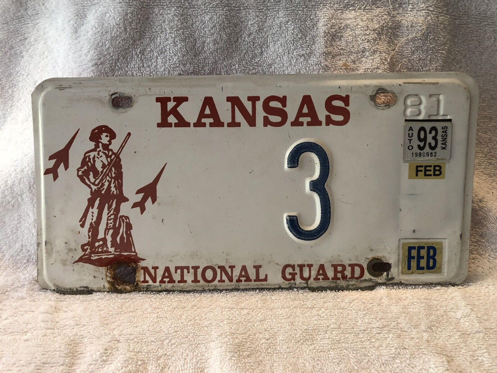 Vintage 1981 1993 Kansas National Guard License Plate #3 SINGLE DIGIT RARE