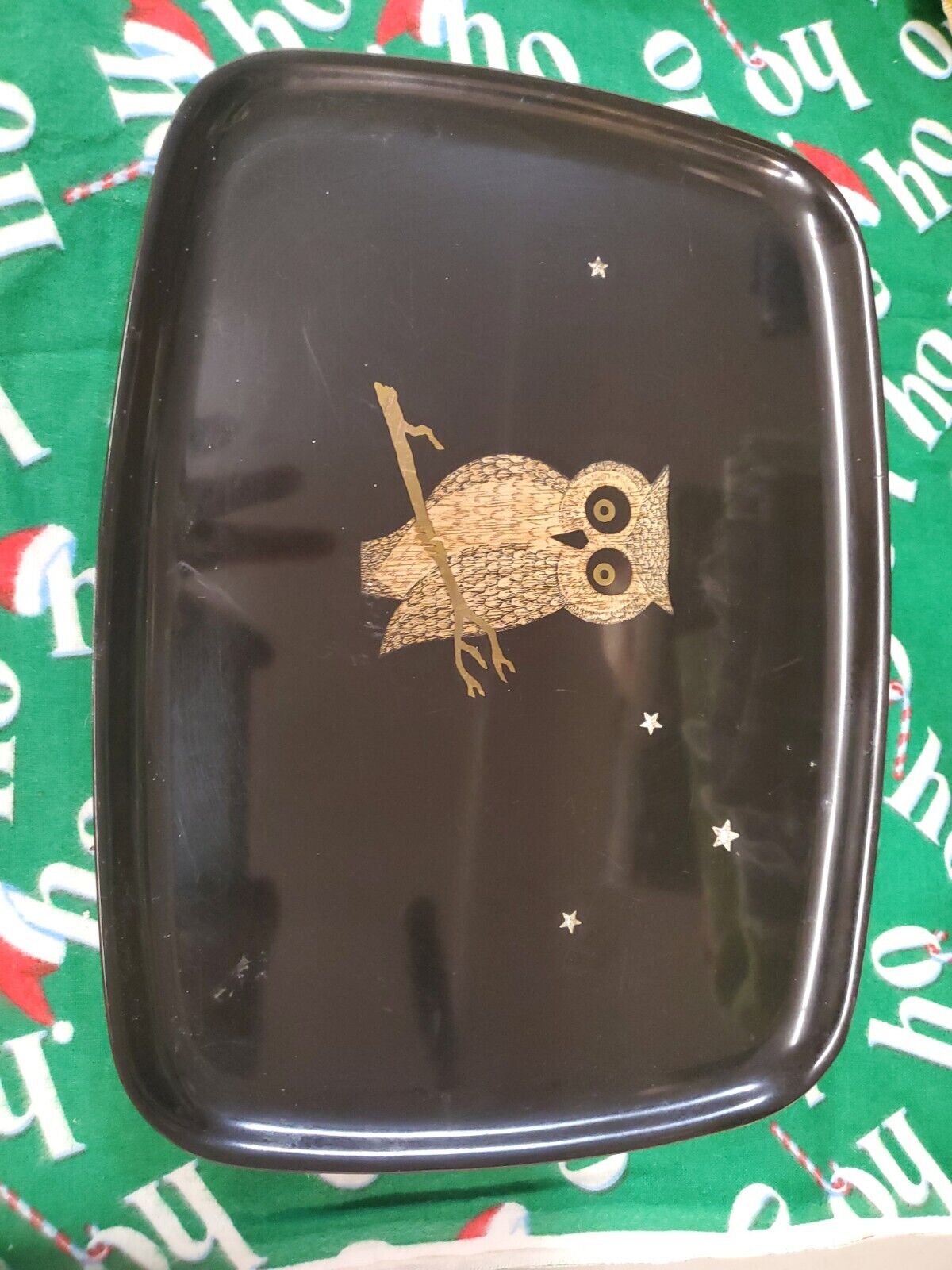 COUROC Vintage MCM Night Owl Star Inlaid Black Serving Tray Barware 12.5” x 9.5\