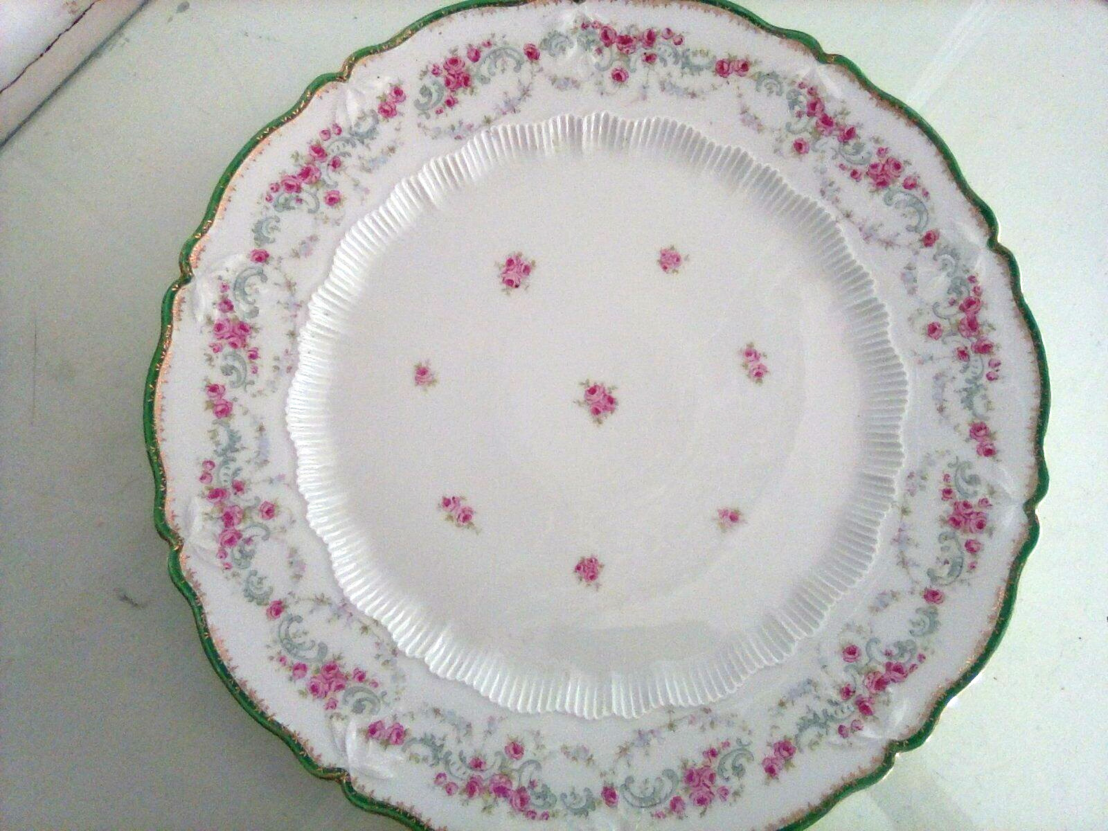 Antique CT Carl Tielsh Large Porcelain Plate w Roses Green Gold Trim fromGermany