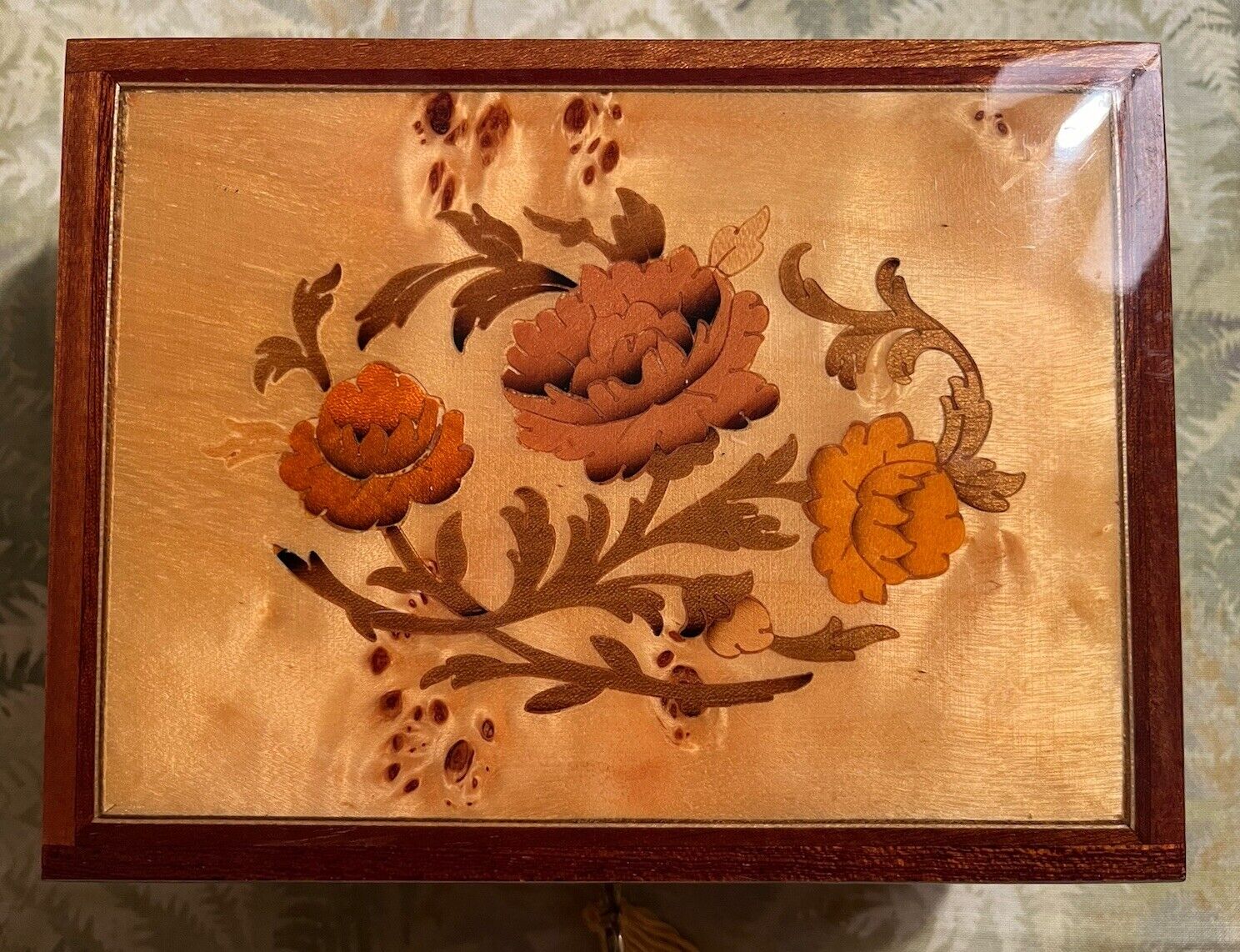 Vintage Italian Notturno Intarsio Inlaid Wood Floral Musical Jewelry Box W/ Key