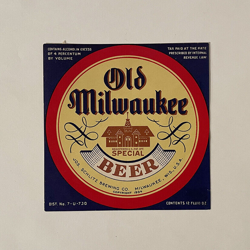 Old Milwaukee Special Beer Label 1934 IRTP  U-Permit Excess Of 4% 