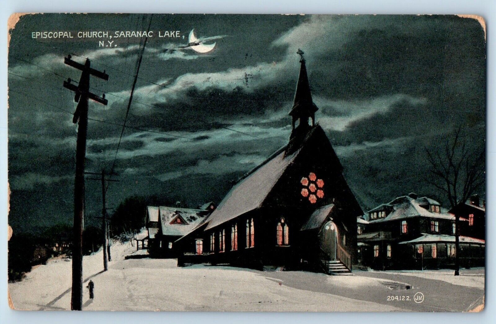 Saranac Lake New York Postcard Episcopal Church Exterior Night Moon 1911 Vintage
