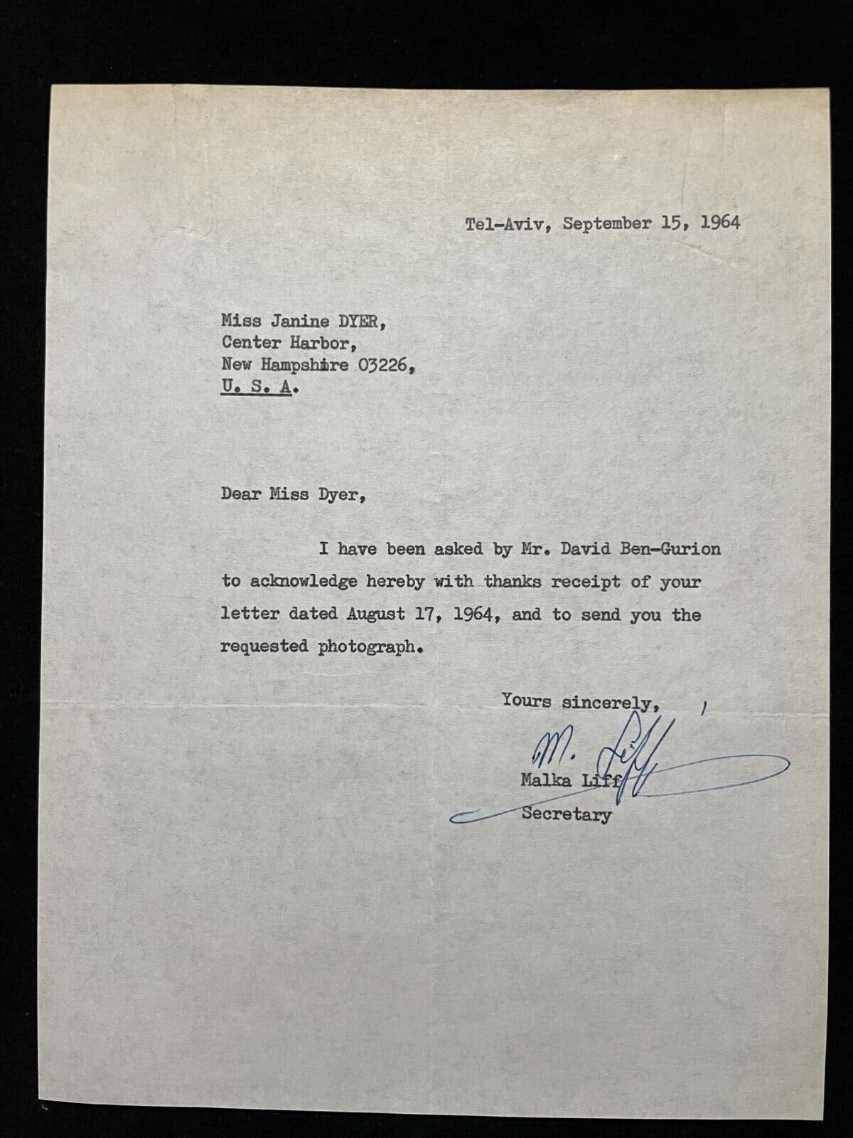 1964 Typed Letter Signed by David Ben-Gurion\'s Secretary - Malka Liff