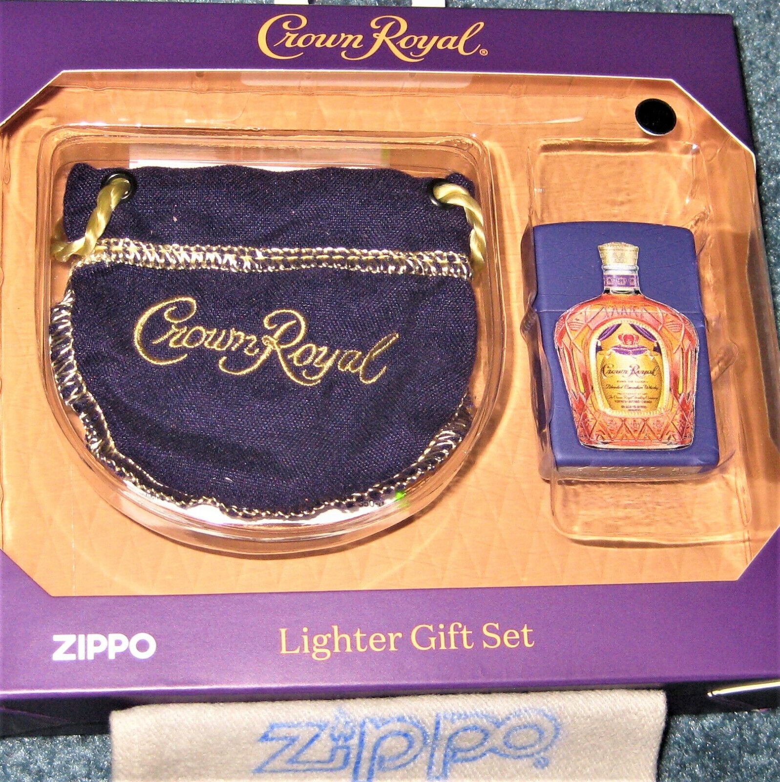 ZIPPO CROWN ROYAL Lighter POUCH GIFT SET Textured print Label NEW 2021 49661