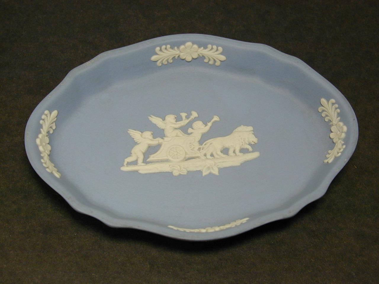 Wedgwood Blue Jasperware Oval Trinket Pin Tray Cherubs Chariot Lion Neoclassical