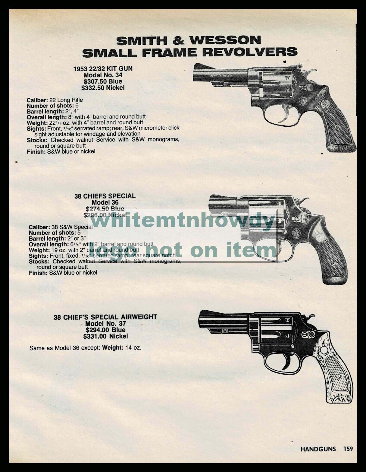 1987 SMITH & WESSON Model 34, 36, 37 Revolver PRINT AD with specs