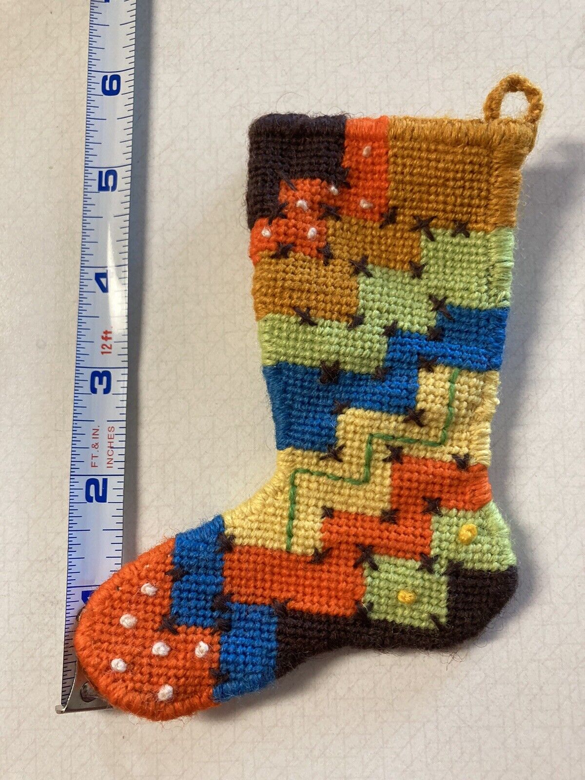 Vintage ‘70’s Hand Cross Stitched Christmas Stocking Ornament  5” So Detailed