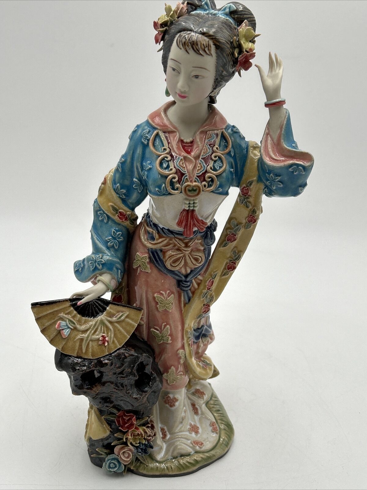 VTG 12” Shi Wan Chinese Beautiful Lady Flowers  Pottery Figurine