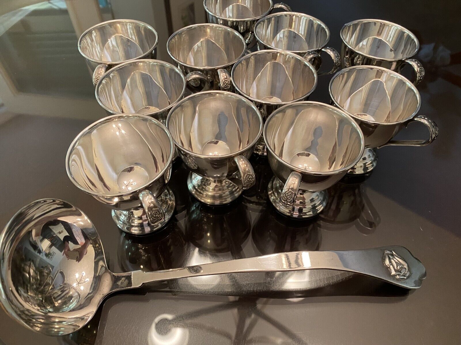 11 Vintage Silverplate Punch Cups and Ladle Rose Design Made /Japan