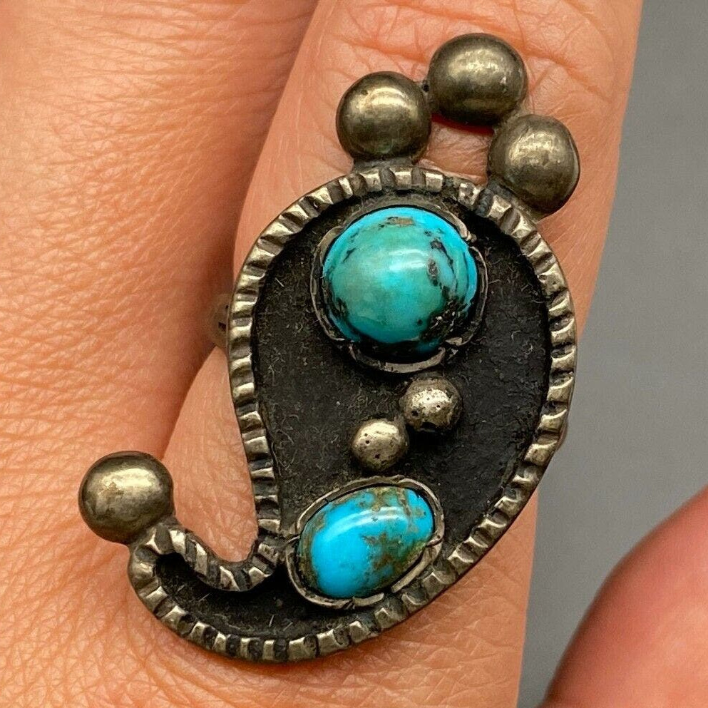 Vintage Navajo Native Indian Turquoise Whimsical Silver Ring Size 9.75