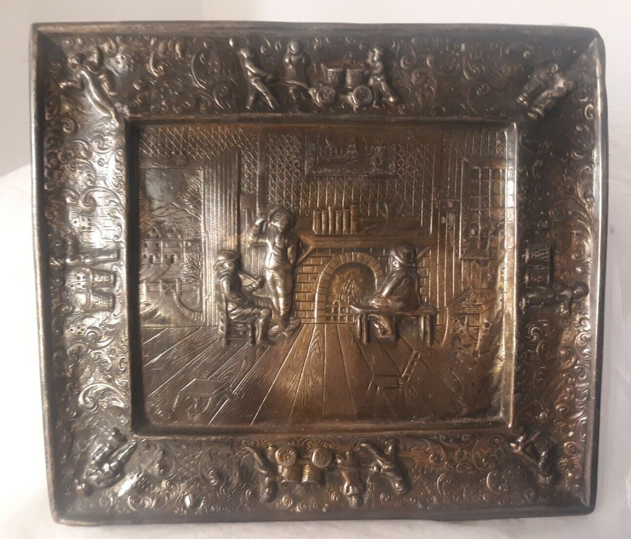Barbour Silver Company Engraved Plaque Mural Villagers Vtg Antique Wall Decor