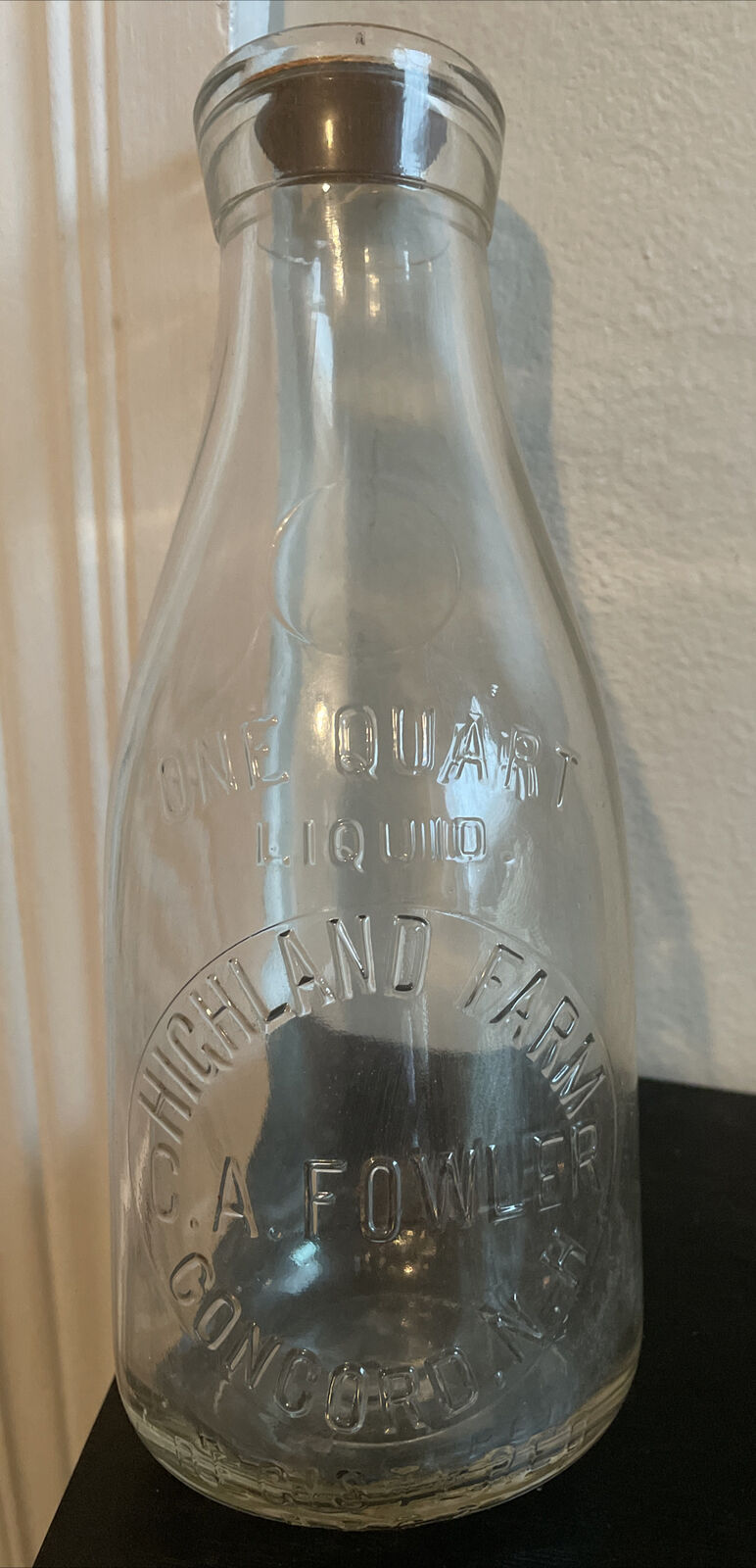 Vintage HIGHLAND FARM C.A. Fowler Embossed Quart Milk Bottle Concord NH