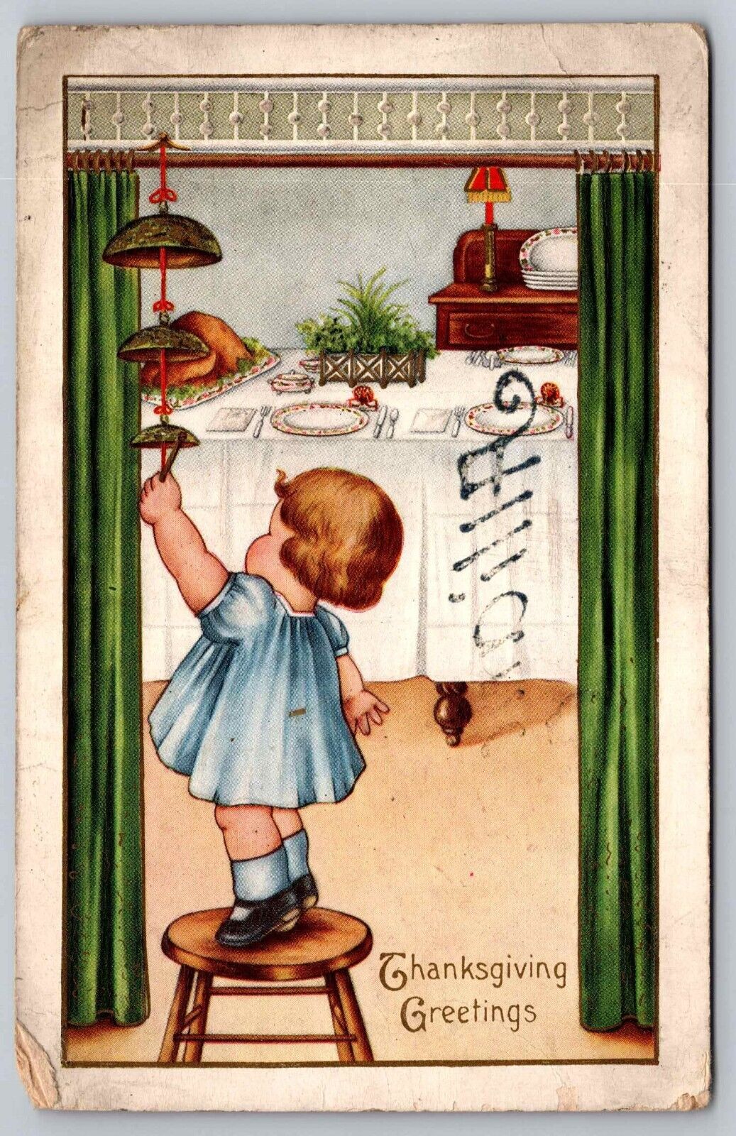 Postcard Thanksgiving Girl on Stool Ringing Dinner Bell