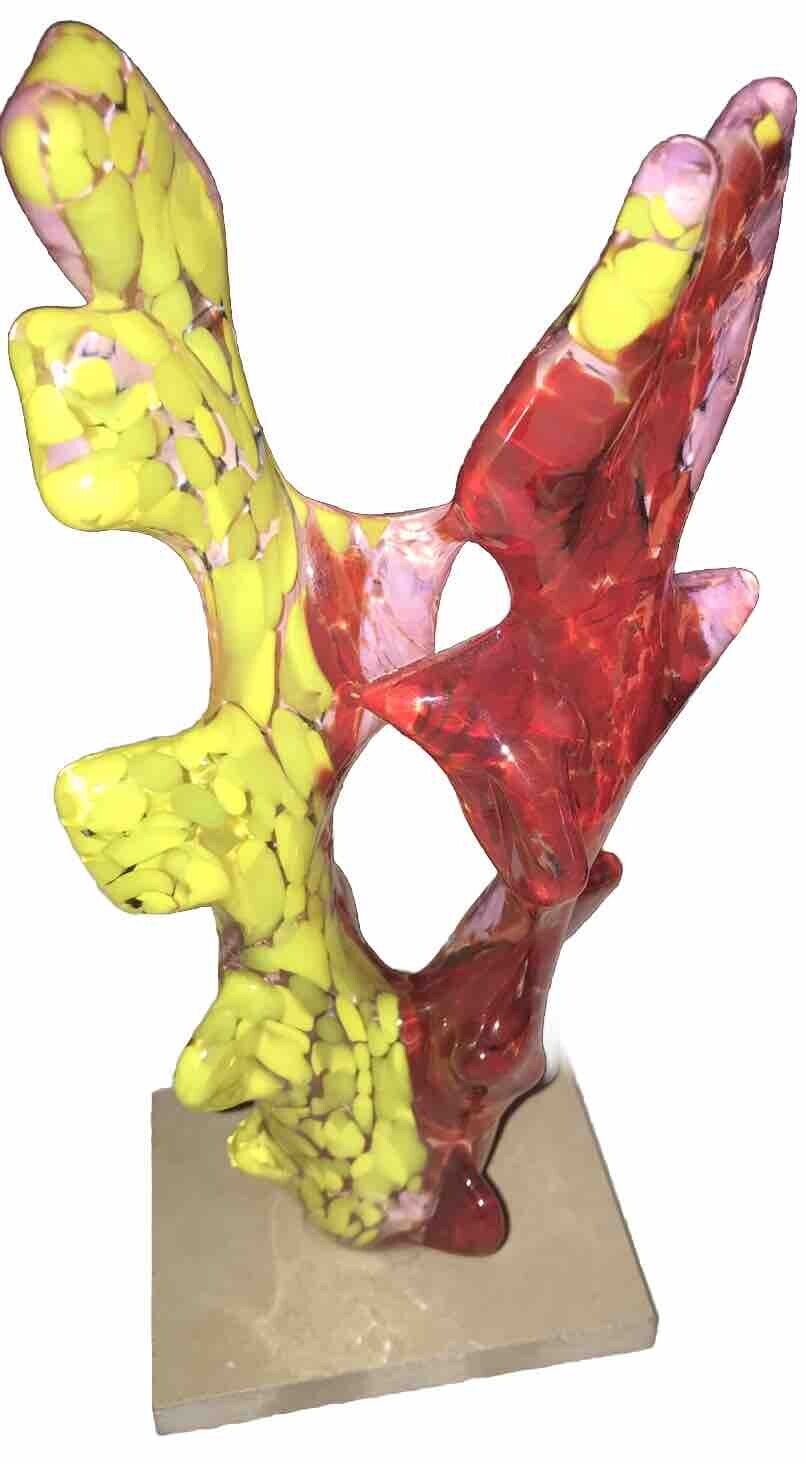 Abstract Art Glass Vibrant Multi-colored Glass On Tile Stand Unique Piece 9”