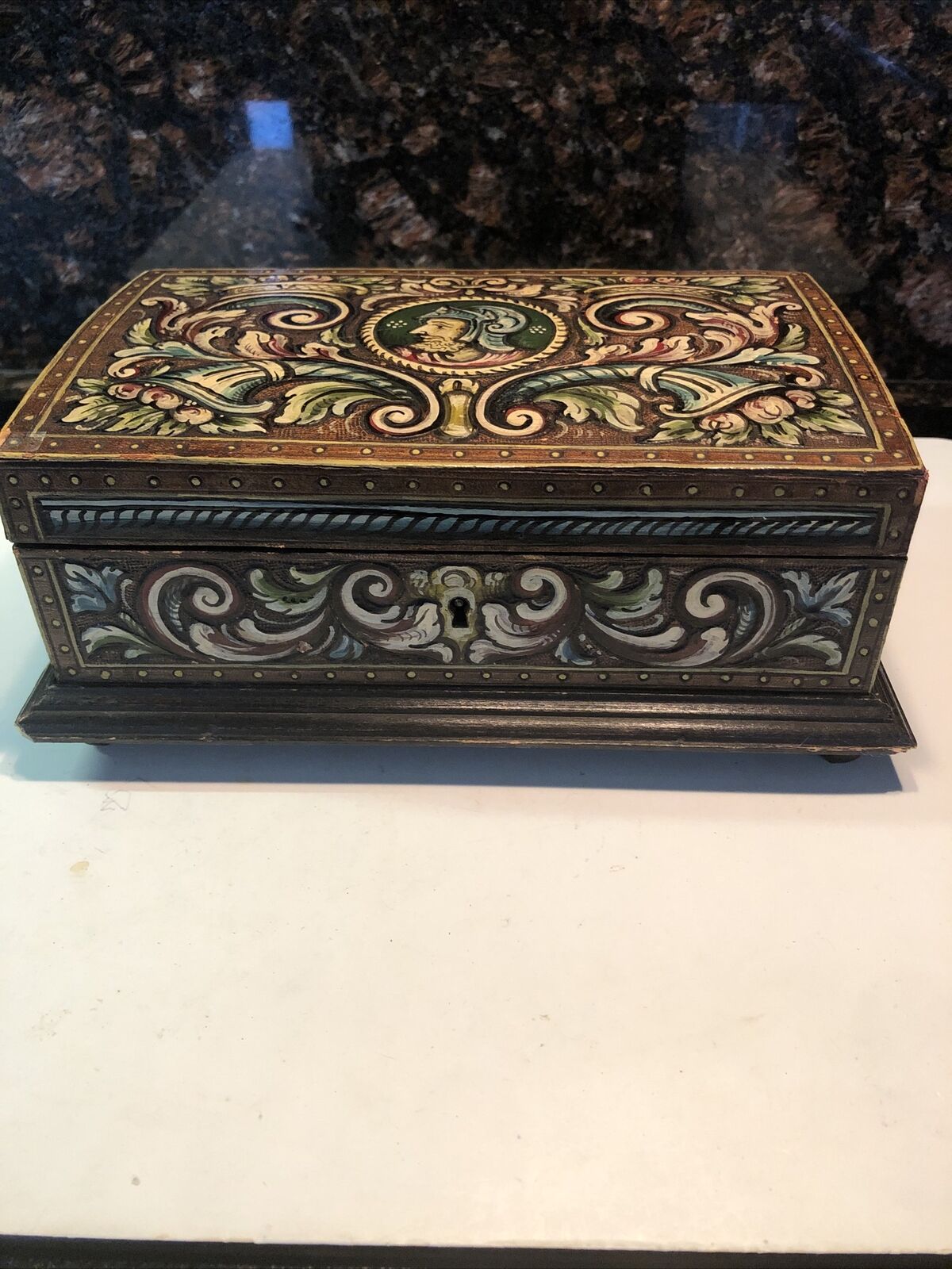 ANTIQUE-HAND PAINTED Wooden Box from Italy