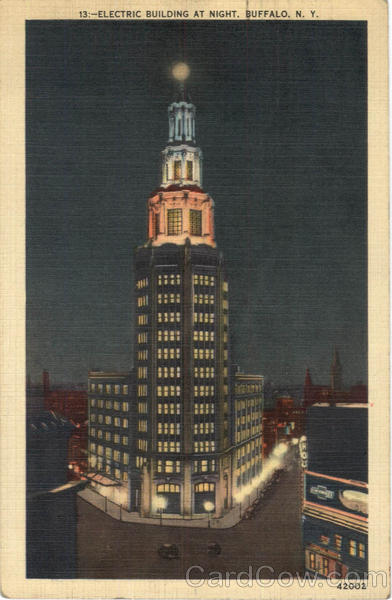 1941 Buffalo,NY Electric Building At Night Erie County New York Linen Postcard
