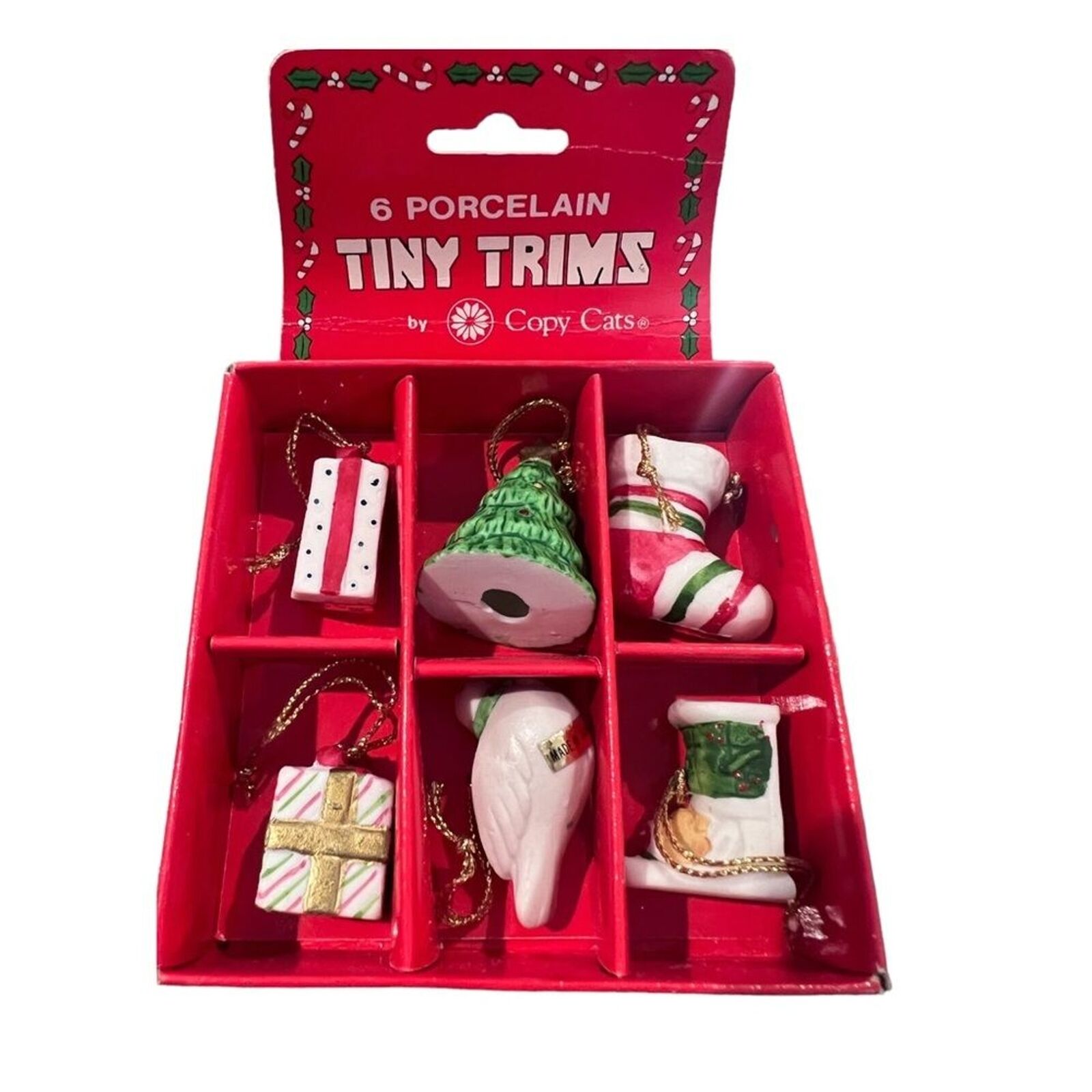 Tiny Christmas Ornaments - Porcelain Tree Trims Stockings, Gifts, Dove & Tree
