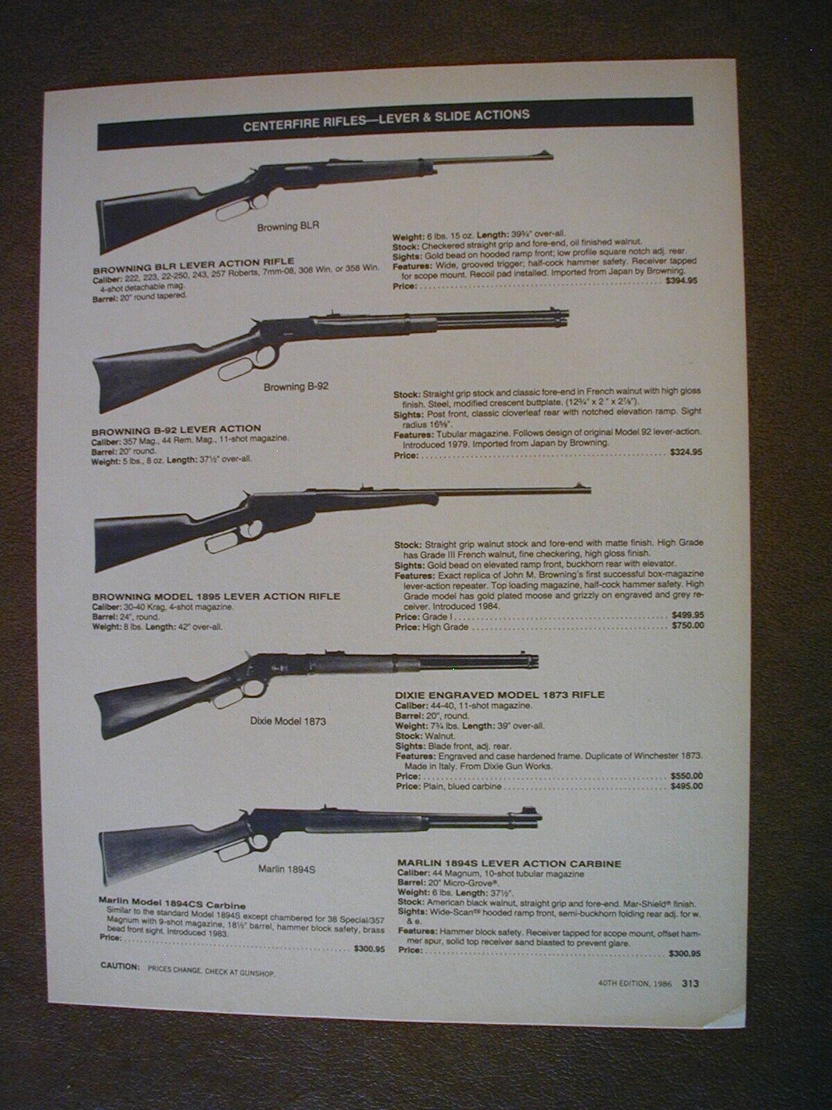 1986 Rifles Browning. Dixie, Marlin, Navy Arms 2 sided Vintage PRINT AD 65313