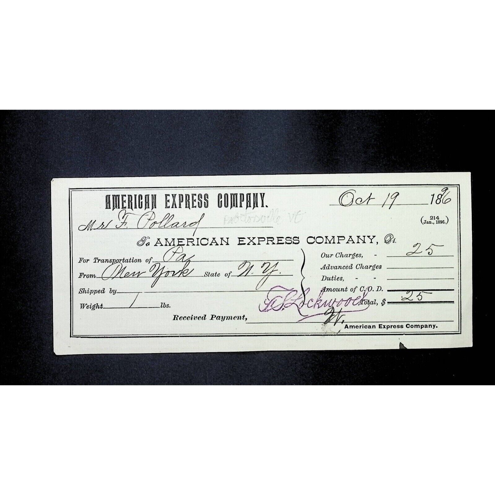 1896 American Express Company Freight Bill, Proctorsville VT, New York NY