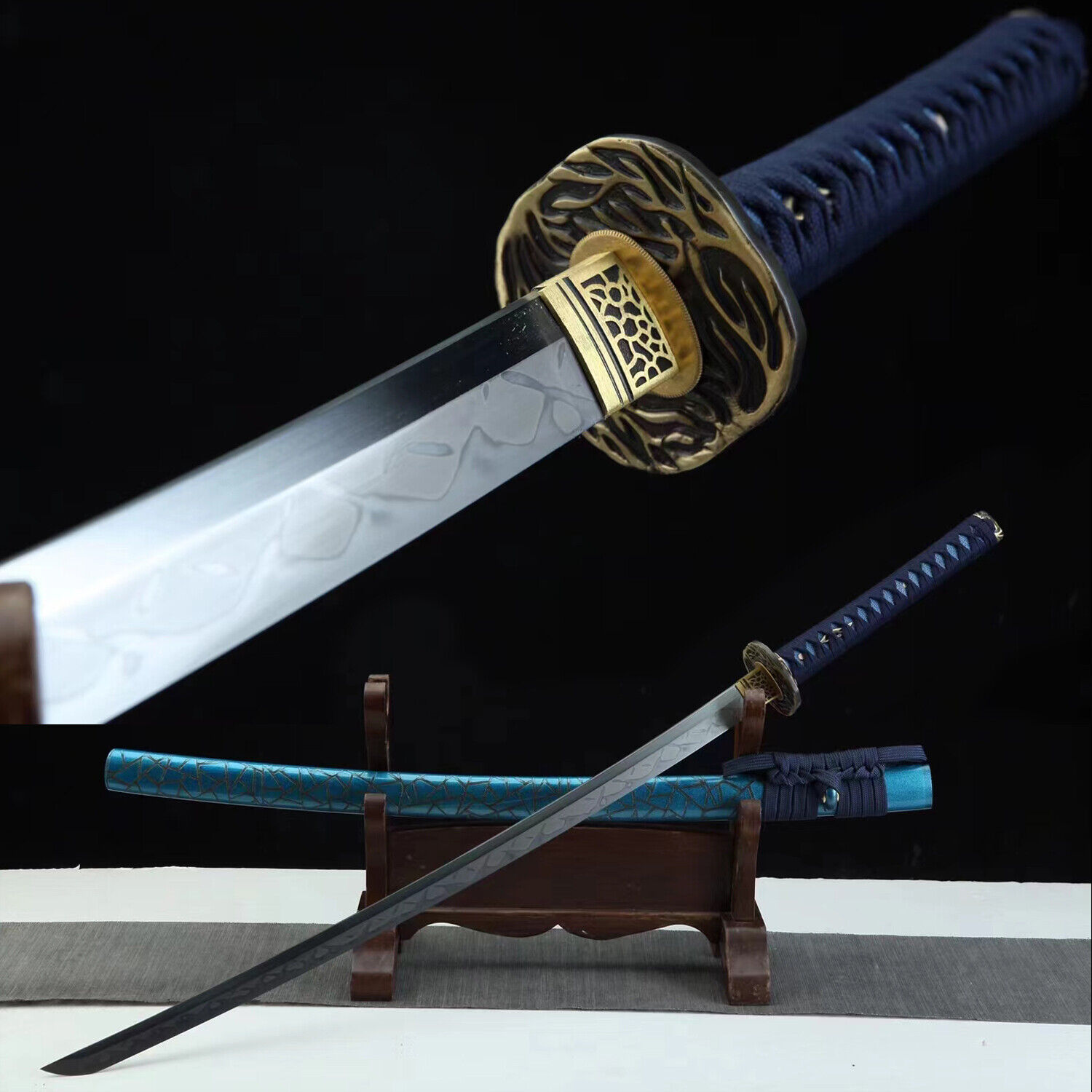 Blue Hand Polished T10 Clay Tempered Japanese Samurai Katana Sword Razor Sharp