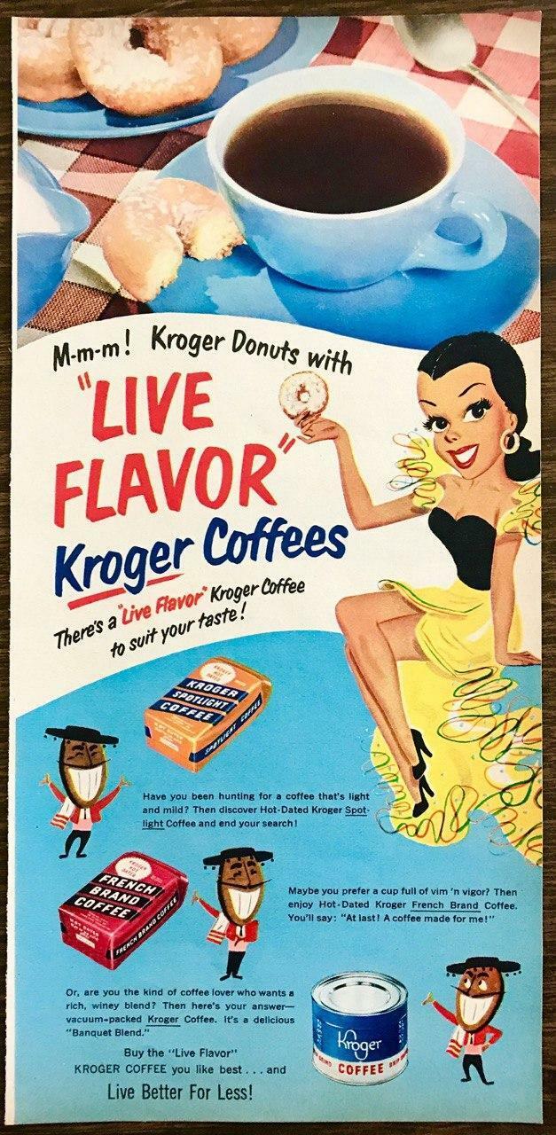 1952 Kroger Coffees & Donuts PRINT AD Cute Gaucho & Senorita Cartoons