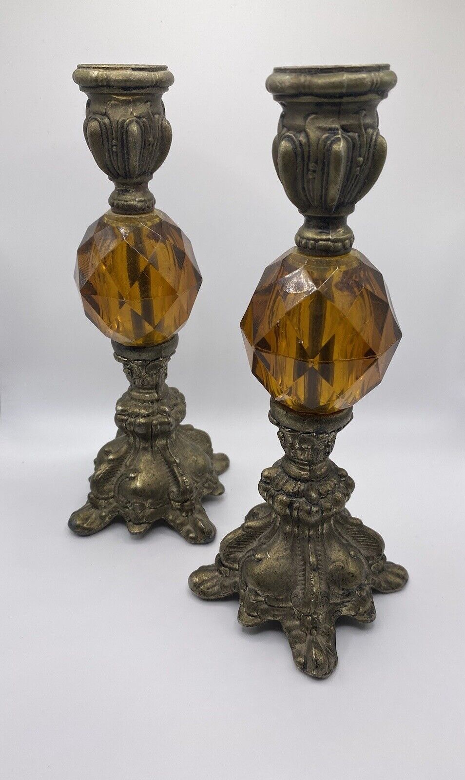 2 Vintage Hollywood Regency Brass Metal Amber Lucite Candlesticks Candle Holders