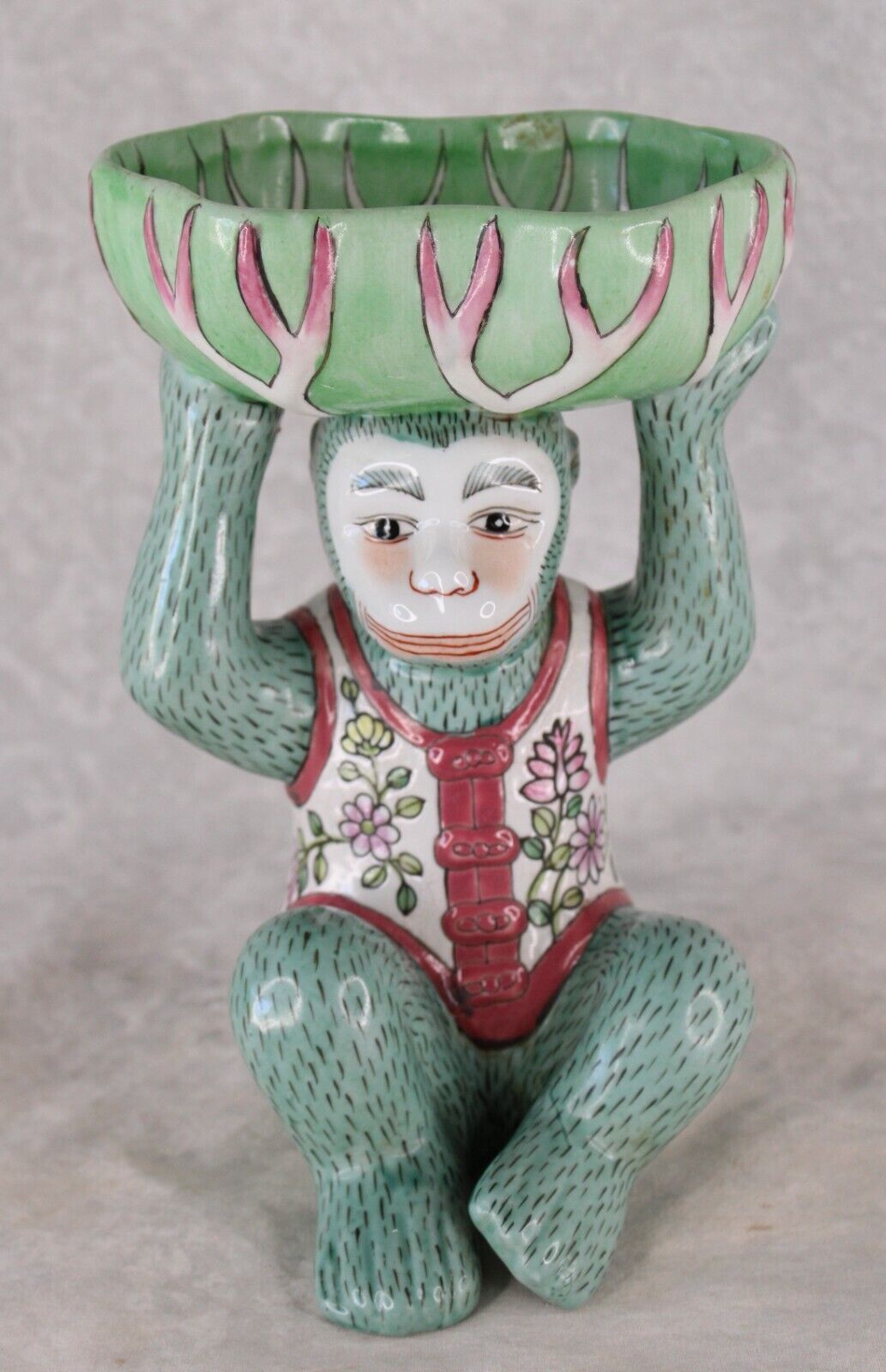 Vtg Porcelain Tobacco Leaf Chinoiserie Monkey Holding Bowl 1960s Andrea by Sadek