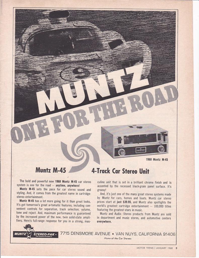 1968 Muntz M-45 4 Track Car Stereo Print-Ad/ Chaparral 2D #9 Phil Hill- Bonnier