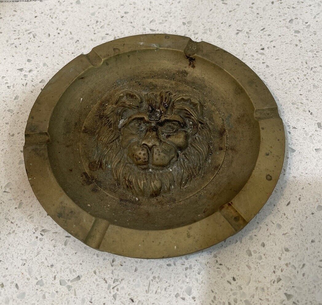 Old Lion Head Brass Ashtray