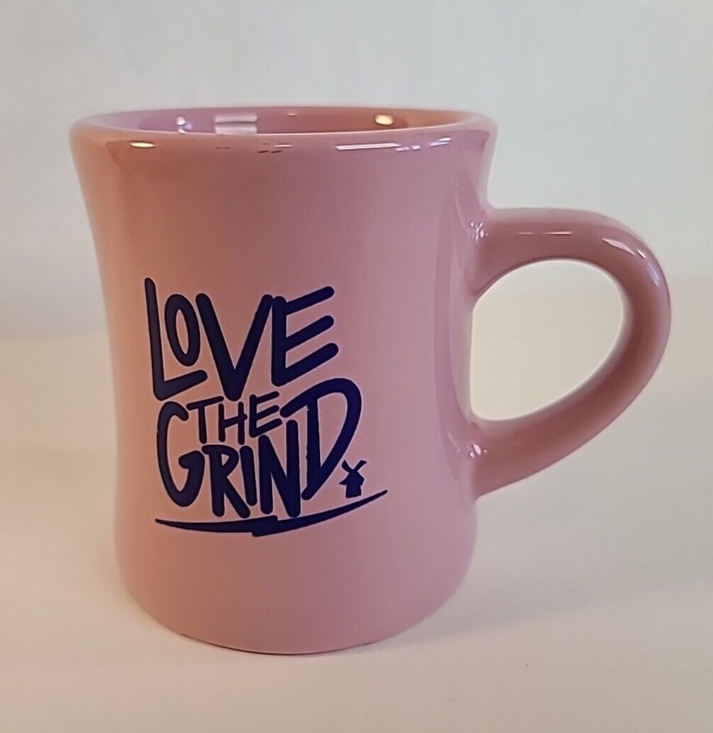 Dutch Bros Coffee Mug LOVE THE GRIND Tea Cup Ceramic 4”  Soft Pink Windmill Logo