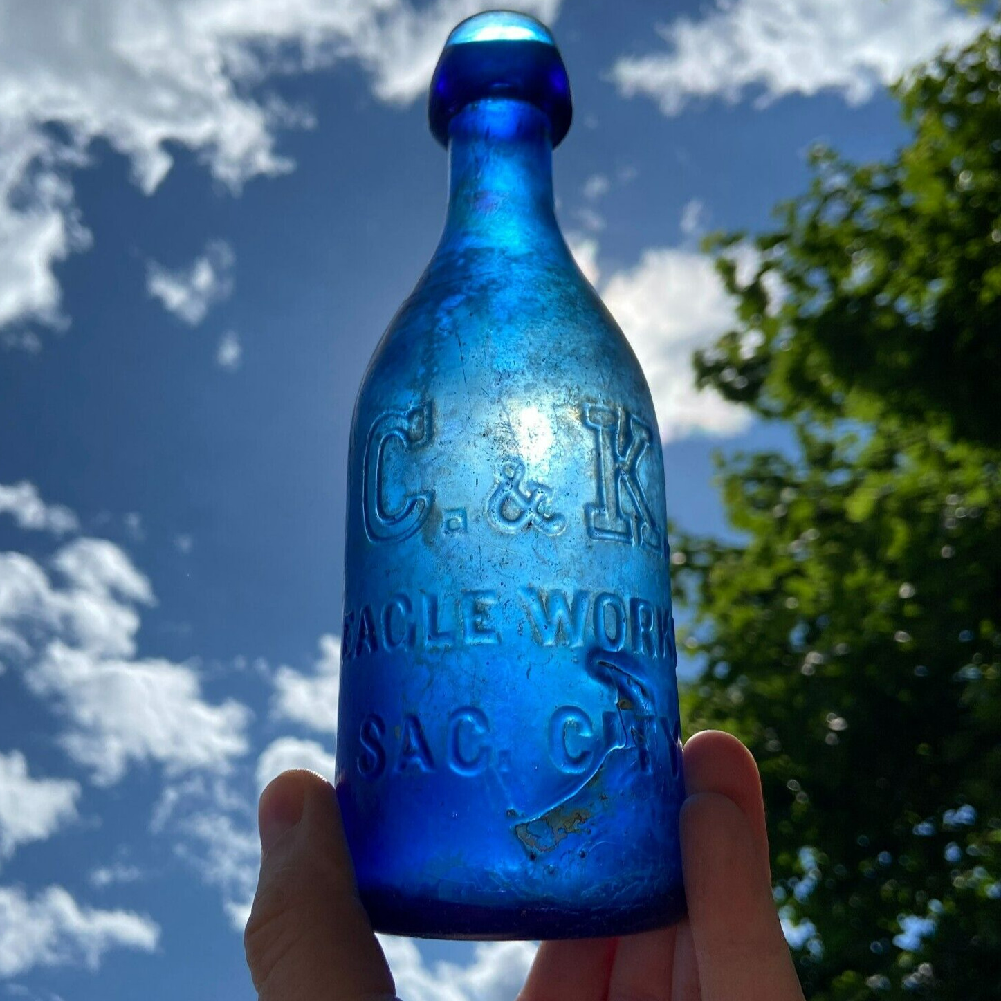 Antique Cobalt Blue California Squat Soda Bottle Sacramento C&K Eagle Works CA