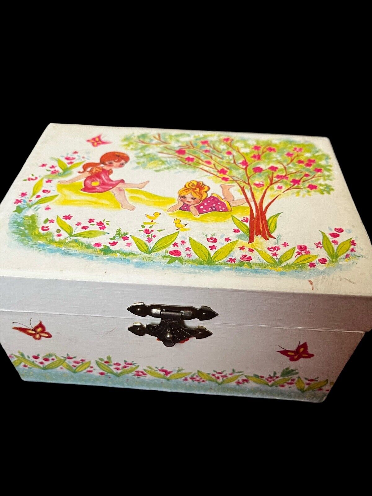 Vintage 70s 80s Musical Jewelry Box Spinning Ballerina Spring Girls Floral Kid\'s
