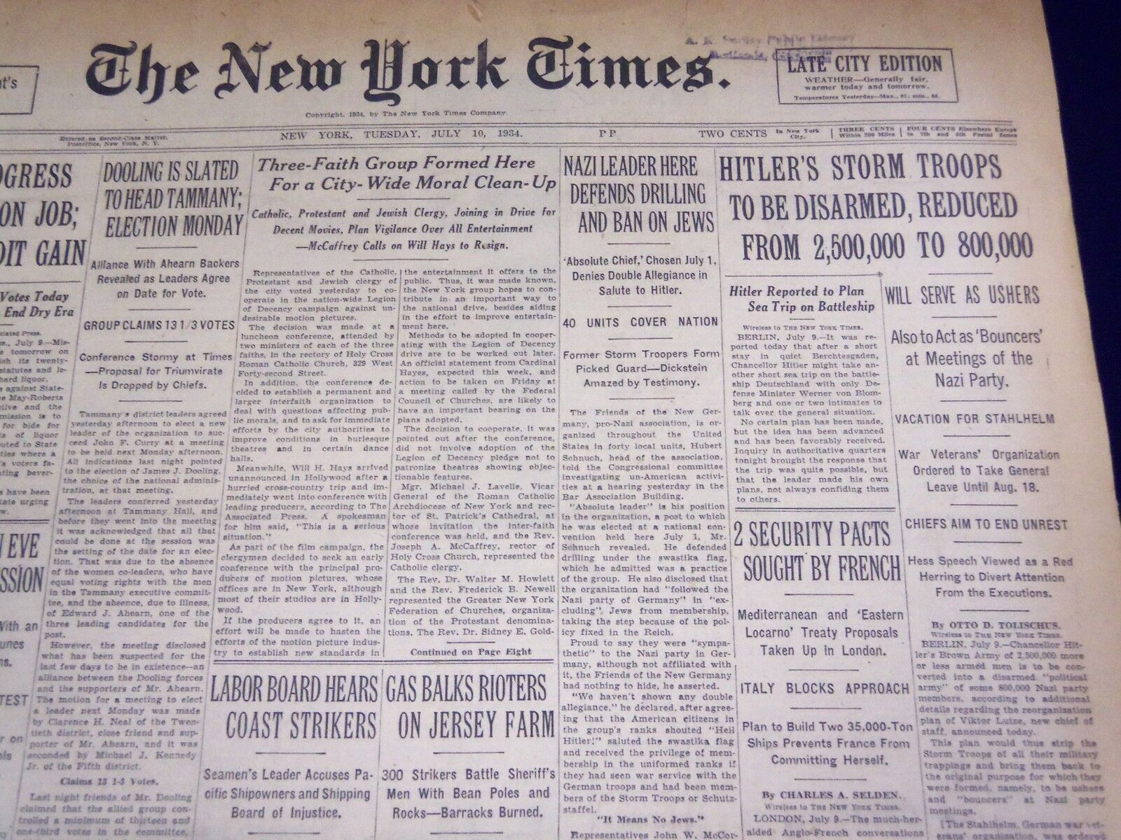 1934 JULY 10 NEW YORK TIMES - HITLER\'S STORM TROOPS TO BE DISARMED - NT 1606