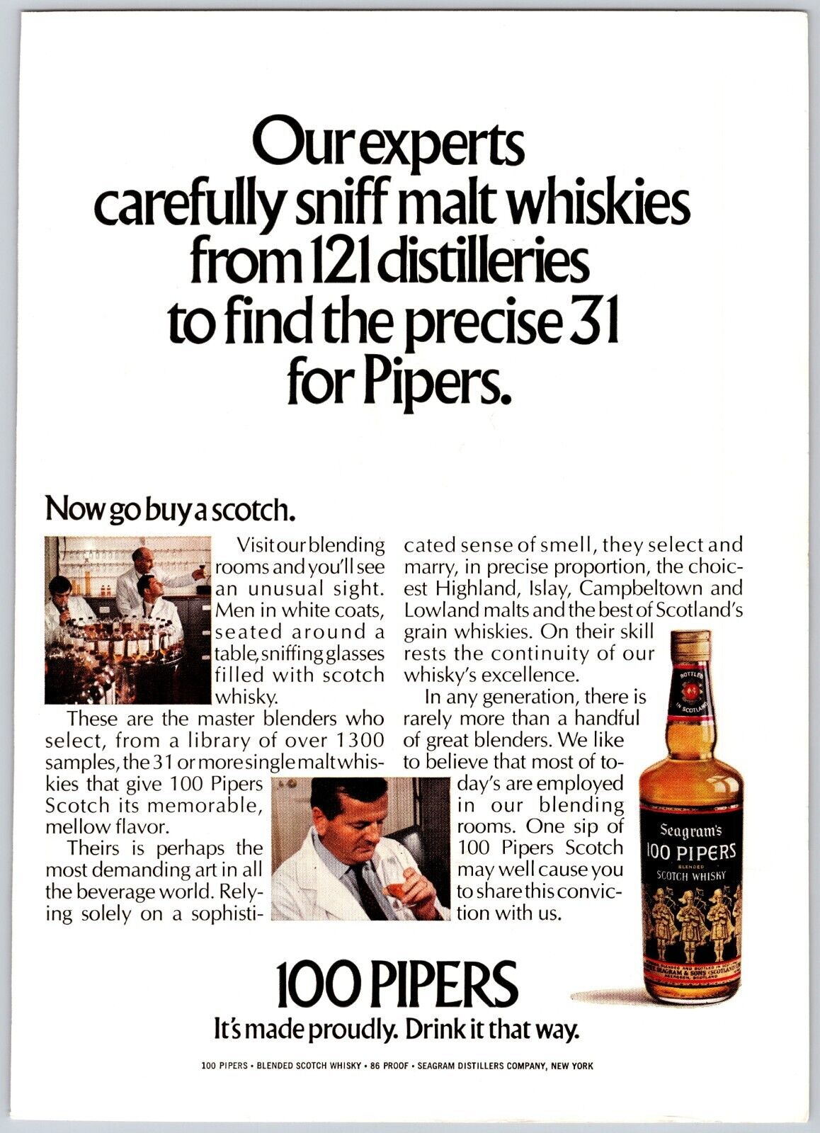 1972 Print Ad Seagram\'s 100 Pipers Scotch Whisky Experts Carefully Sniff Malt