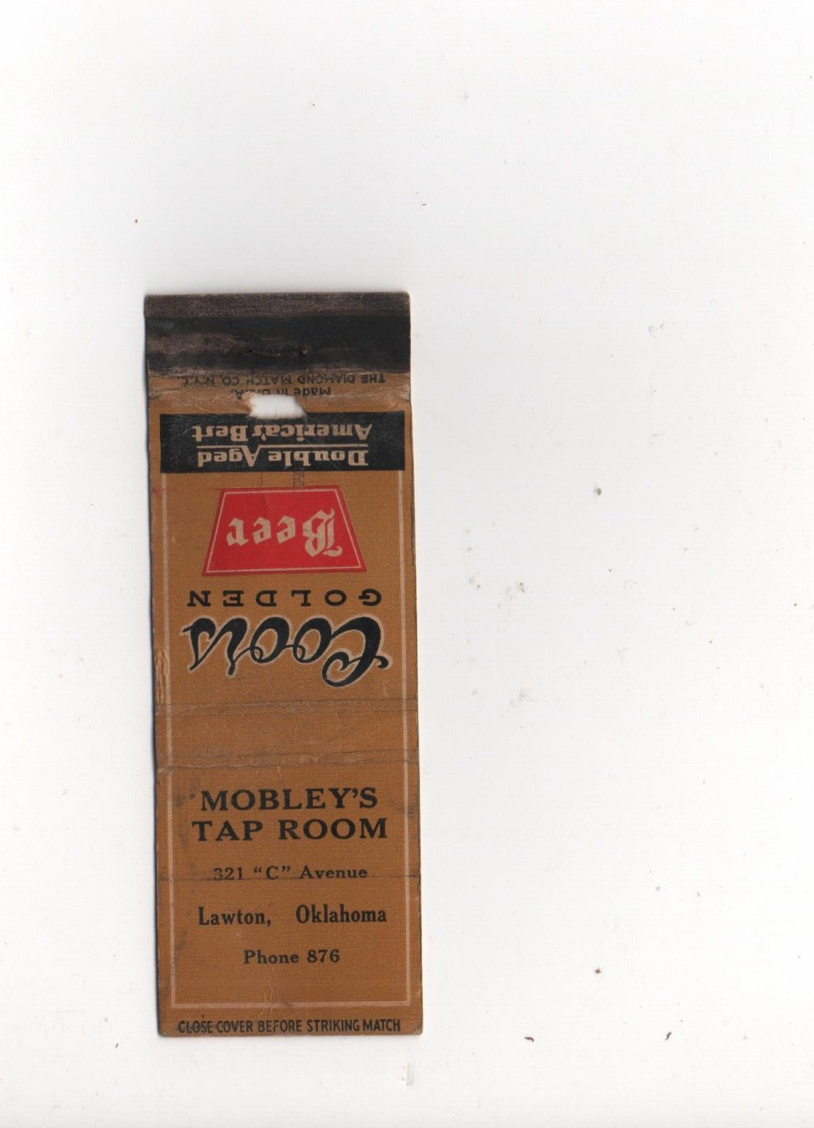 Matchbook Cover Oklahoma Lawton OK Bar Coors Golden Beer Mobley's Tap Room  1940